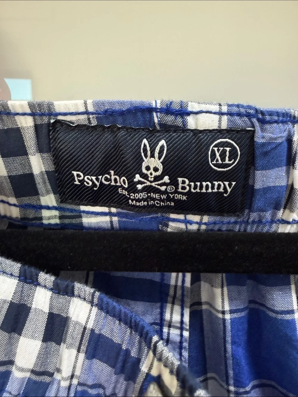 Psycho Bunny Blue Plaid Men’s Jogger Lounge Pants with Pink Logo